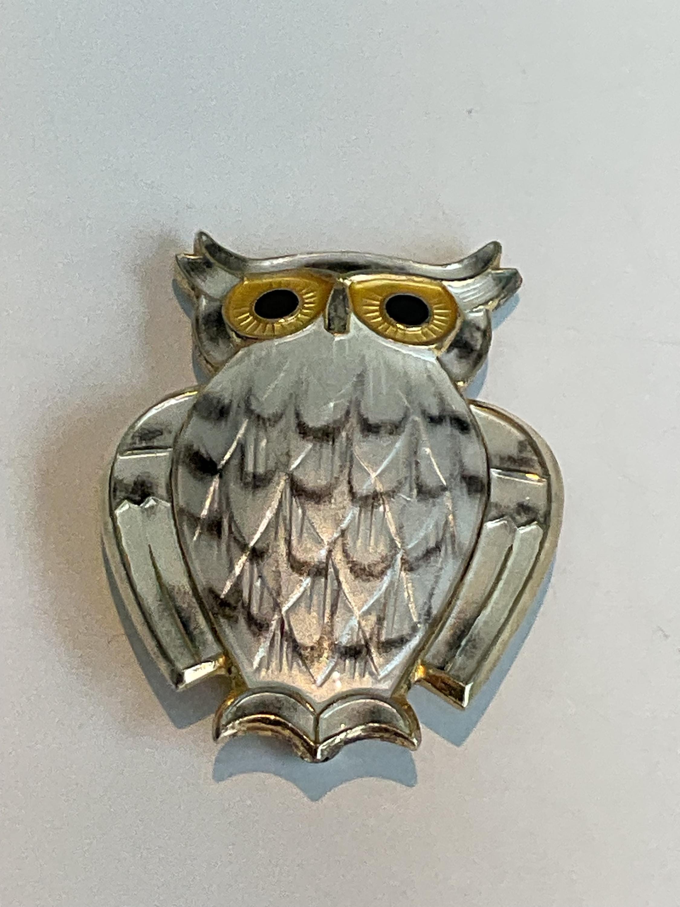 David Anderson Norway White and Grey Enamel on Silver Owl Brooch