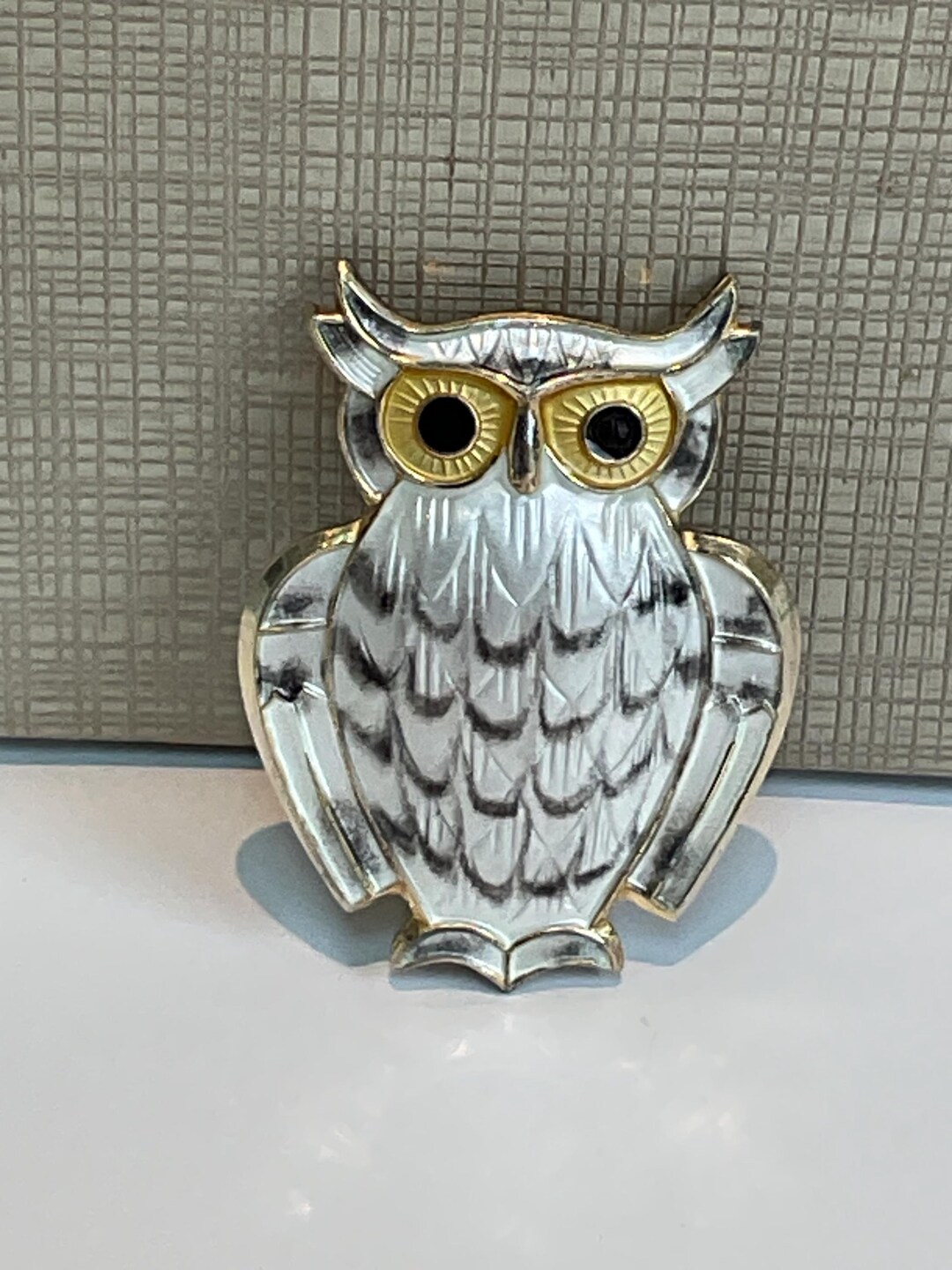 David Andersen フクロウ アンティークブローチ David Anderson Norway White and Grey Enamel on Silver Owl Brooch