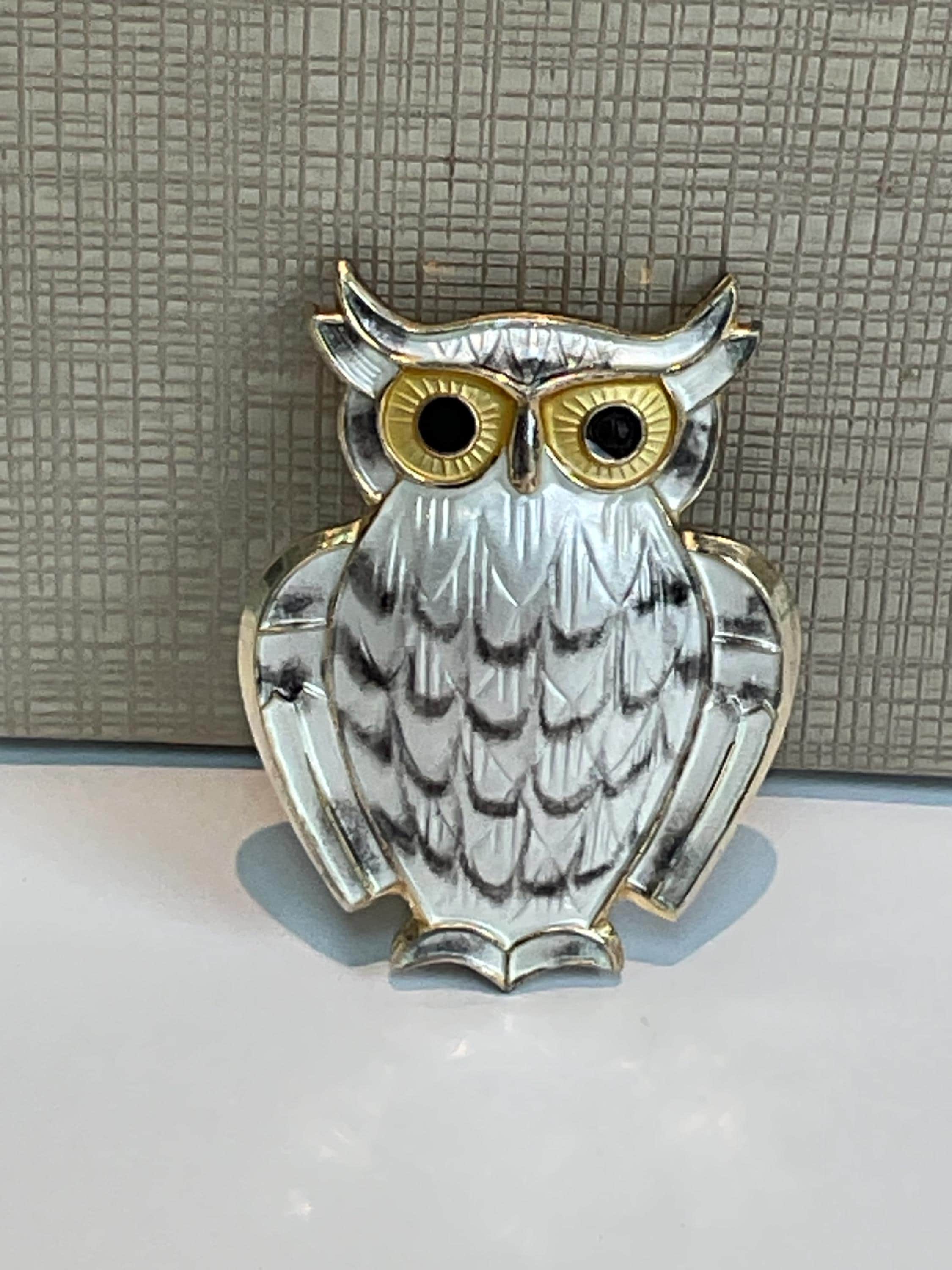 David Anderson Norway White and Grey Enamel on Silver Owl Brooch