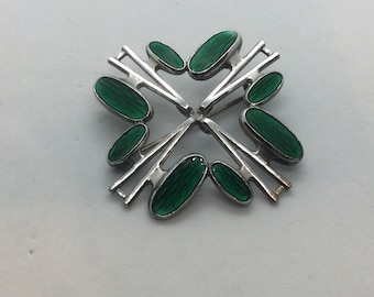 Albert Scharning Norway Enamel Green & Silver Cross Brooch