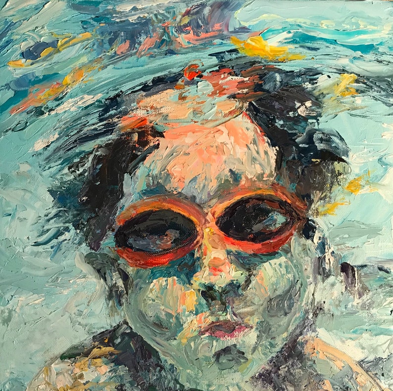 Orange Goggles-wall art print of swimming pool child image 1