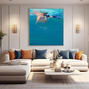 Scuba Diver Art Print: Underwater Impressionist Painting, Caribbean Blue Wall Decor