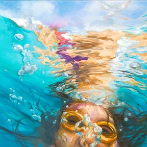 Underwater Art Print: Purple Swimsuit, Summer Pool Painting