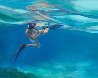 May include: A painting of a person swimming underwater with fins. The water is a vibrant blue with streaks of turquoise and light blue. The person is wearing a black wetsuit and has their arms outstretched.