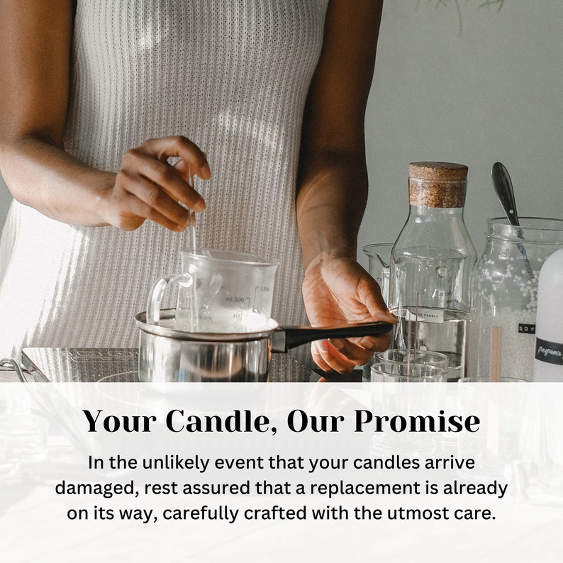 May include: A person is making candles. The image shows a person stirring a pot of melted wax on a stovetop. The text on the image reads "Your Candle, Our Promise. In the unlikely event that your candles arrive damaged, rest assured that a replacement is already on its way, carefully crafted with the utmost care."