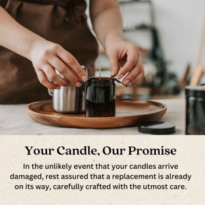 May include: A person carefully places a wick into a brown glass candle jar. The candle jar is on a wooden tray. The text "Your Candle, Our Promise" is displayed below the image. In the unlikely event that your candles arrive damaged, rest assured that a replacement is already on its way, carefully crafted with the utmost care.