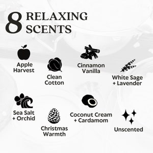 K&ouml;nnte beinhalten: Eine Grafik mit acht verschiedenen D&uuml;ften f&uuml;r einen Diffusor oder eine Kerze. Die D&uuml;fte sind: Apfelernte, Reine Baumwolle, Zimt-Vanille, Wei&szlig;er Salbei + Lavendel, Meersalz + Orchidee, Weihnachtsw&auml;rme, Kokosnusscreme + Kardamom und Unparf&uuml;miert.