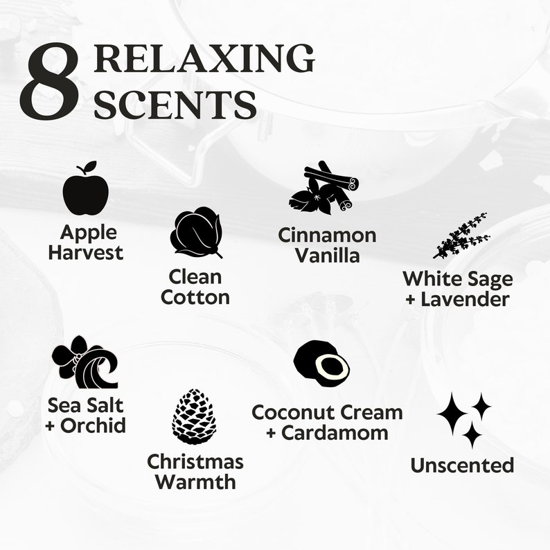 K&ouml;nnte beinhalten: Eine Grafik mit acht verschiedenen D&uuml;ften f&uuml;r einen Diffusor oder eine Kerze. Die D&uuml;fte sind: Apfelernte, Reine Baumwolle, Zimt-Vanille, Wei&szlig;er Salbei + Lavendel, Meersalz + Orchidee, Weihnachtsw&auml;rme, Kokosnusscreme + Kardamom und Unparf&uuml;miert.