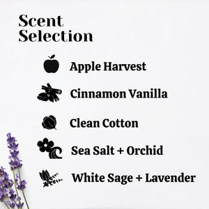May include: A white background with black text that reads "Scent Selection". Five black icons with text underneath each icon. The icons represent different scents: apple, cinnamon, cotton, sea salt, and sage.