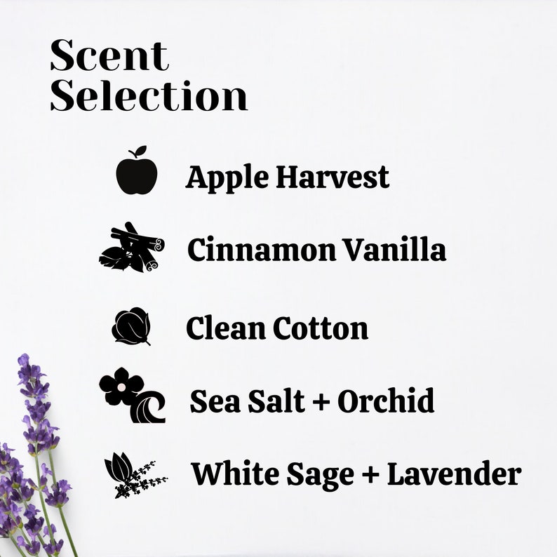 May include: A white background with black text that reads "Scent Selection". Five black icons with text underneath each icon. The icons represent different scents: apple, cinnamon, cotton, sea salt, and sage.