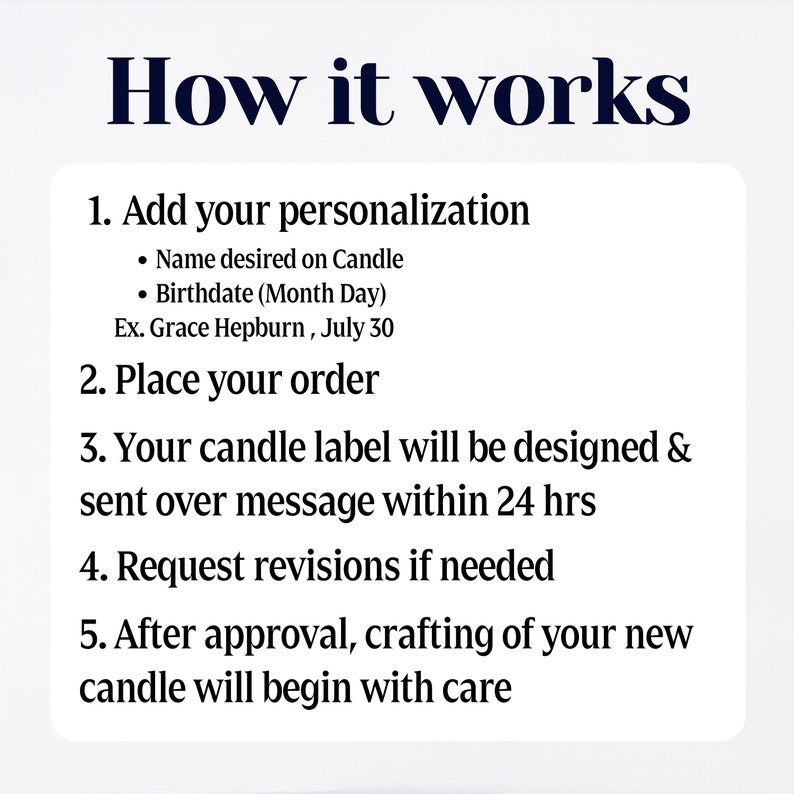 May include: A white text box with black text outlining the steps to personalize and order a candle. The text reads: "How it works 1. Add your personalization &bull; Name desired on Candle &bull; Birthdate (Month Day) Ex. Grace Hepburn, July 30 2. Place your order 3. Your candle label will be designed & sent over message within 24 hrs 4. Request revisions if needed 5. After approval, crafting of your new candle will begin with care"