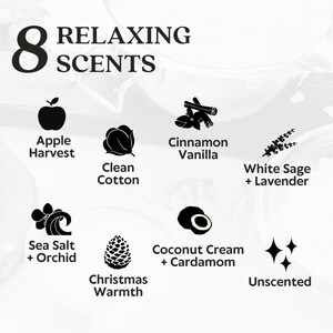 May include: A graphic showing eight different scents for a diffuser or candle. The scents are: Apple Harvest, Clean Cotton, Sea Salt + Orchid, Christmas Warmth, Cinnamon Vanilla, White Sage + Lavender, Coconut Cream + Cardamom, and Unscented.