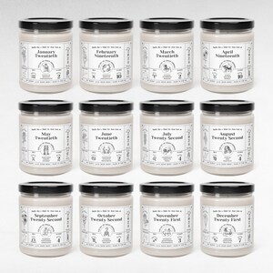 May include: Twelve candles with black lids and beige labels. Each candle features a zodiac sign, date, and the text "Smell like a blend for those born on The Day of Grace Signs".