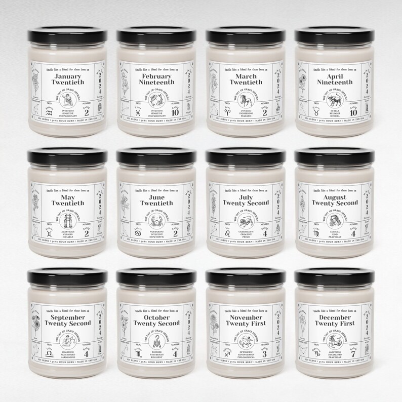 May include: Twelve candles with black lids and beige labels. Each candle features a zodiac sign, date, and the text "Smell like a blend for those born on The Day of Grace Signs".
