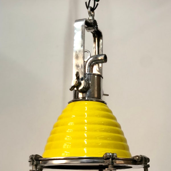 Antique Maritime Theme Replica Aluminium Fluted Cargo Wiska Ceiling Pendant Light Fixture - Yellow Coated