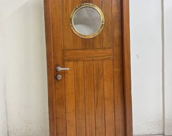 Big Authentic Reclaimed Ship Original Marine Theme Heavy Vintage Ship Wooden Door with Brass Porthole Window