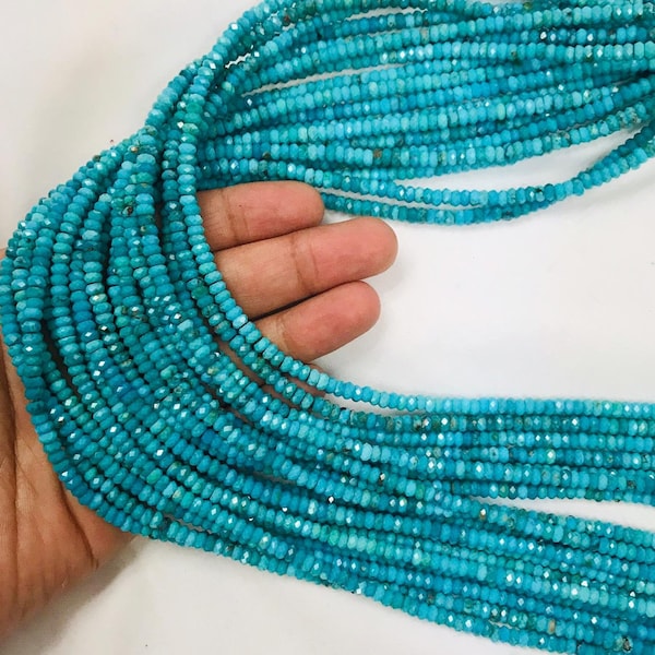 Turquoise Faceted Roundel Beads 4mm Size-  Top Quality genuine Turquoise beads, Length 16" , Natural Blue American Turquoise