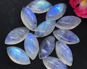 Puede incluir: Una colección de diez cabujones ovalados de piedra lunar con colores iridiscentes azules y blancos.