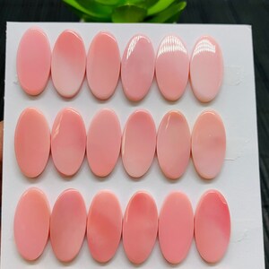 May include: Twenty-four oval-shaped pink shell cabochons, each measuring 10 x 20 mm, arranged in four rows of six on a white background. The text "10 x 20 mm" and "24 pcs" is written on the bottom of the image.