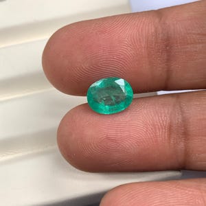 May include: A vibrant, oval-cut emerald gemstone. The gem is a rich, deep green color, with visible internal inclusions. The emerald is held between two fingers, showcasing its polished facets and natural beauty. A close-up view highlights the stone's clarity and brilliance.