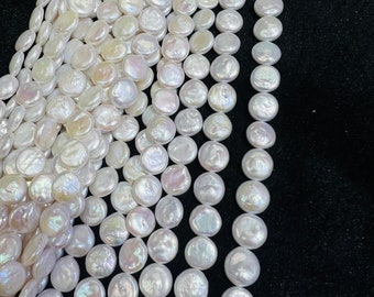 Moneda de perla de agua dulce lisa de 10 mm, calidad AAA, forma de moneda de perla natural, longitud de 16", calidad muy fina, color blanco.