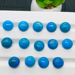 May include: A collection of 15 round turquoise cabochons, each with a unique blue and green pattern. The cabochons are arranged in three rows of five on a white surface.