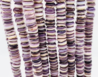 Wampum Quahog Shell Roundel Beads •  8 mm Size • 40 cm length • AAA Quality • Natural Wampum Shell • Purple Color • Origin East Coast USA