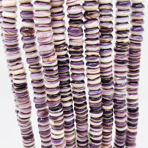 Wampum Quahog Shell Roundel Beads •  8 mm Size • 40 cm length • AAA Quality • Natural Wampum Shell • Purple Color • Origin East Coast USA