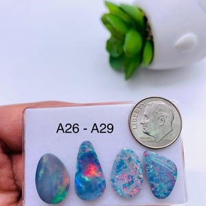 May include: Four teardrop-shaped opals in a clear plastic display case. The opals are blue, green, and iridescent. The case has the text "A26 - A29" printed on it.