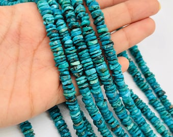 May include: Several strands of turquoise beads. The beads are a vibrant blue-green colour, with variations in colour and texture. The beads are strung together, creating a necklace or bracelet. Each bead is approximately 0.5 cm in diameter.