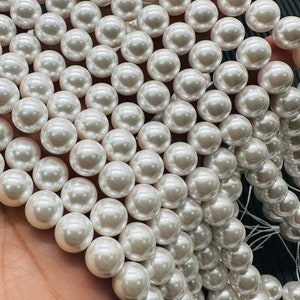8MM White Shell Pearl Round Beads - Good Quality- 40 Cm length