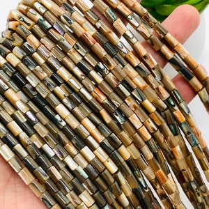 May include: A strand of brown, beige, and iridescent shell beads. The beads are cylindrical and have a smooth, polished finish.