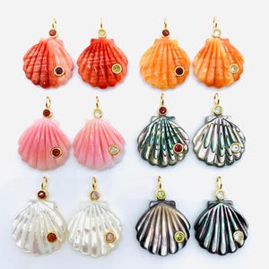 22X22 mm Natural Shell Charm Carving Fancy Shape - 925 Silver and gold plating- ShellPendant- Silver pendant with 2 inlay gemstone