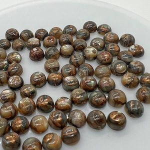 May include: A collection of round, iridescent, brown and gold shell cabochons. The cabochons have a natural, organic pattern and are perfect for jewelry making.