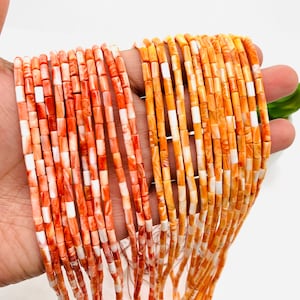 Contas tubulares de concha de ostra espinhosa • Tamanho 3x6 mm • 40 cm de comprimento • Qualidade AAA • Ostra espinhosa natural Cor Laranja/Vermelho • Origem México