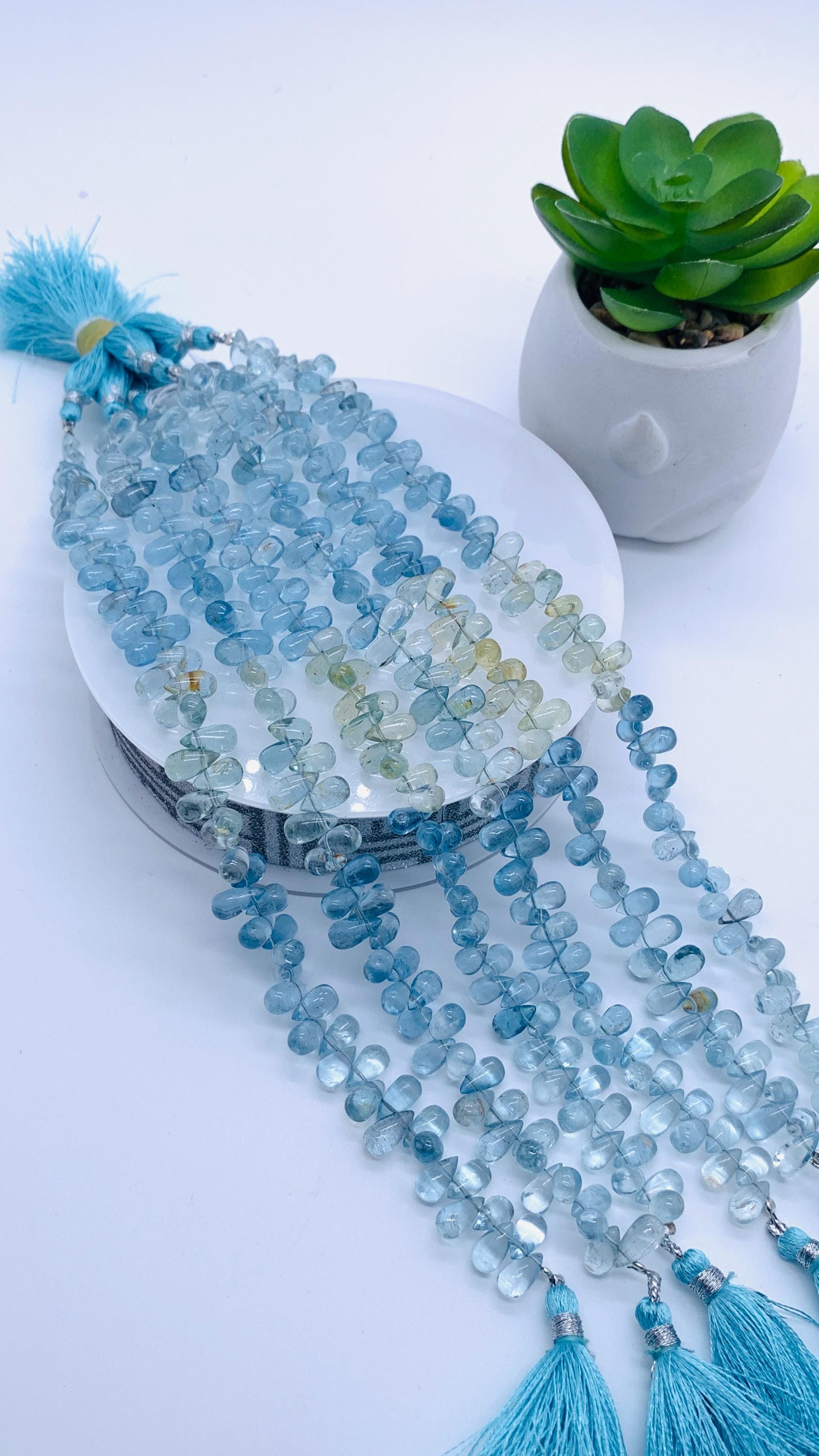 Briolettes de aguamarina en forma de gota de 4,5 x 8-9 mm, longitud de 8 pulgadas, cuentas de aguamarina en forma de gota naturales, calidad AAA