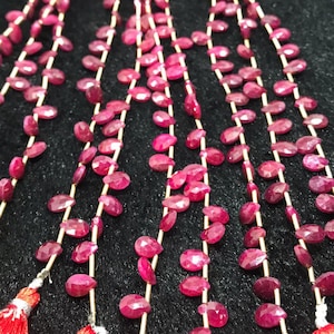 Ruby Faceted Pear Shape 5X7MM, Ruby Briolette 8&quot; Top Quality pear shape side drilled . Dyed Ruby Corrundum faceted beads