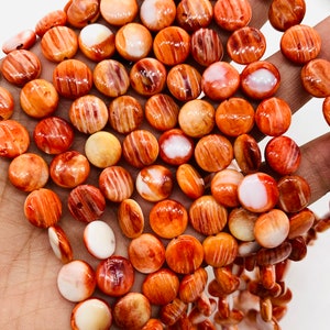 Spiny Oyster Coins Beads • 10 mm Size • 40 cm length • AAA Quality • Natural Spiny Oyster Dark Orange Color • Origin Mexico