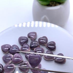 May include: A collection of purple heart-shaped seashells on a white plate. The shells have a layered, iridescent appearance.