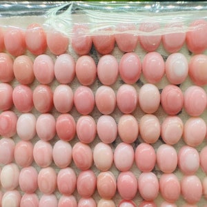 Könnte beinhalten: Eine Sammlung von 60 ovalen, rosafarbenen und weißen Muschelkabochen. Die Kabochen sind in Reihen in einem durchsichtigen Plastiktablett angeordnet.