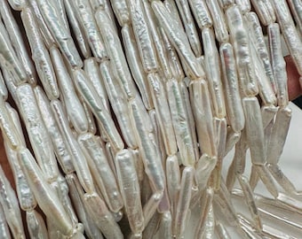 Filo di perle d'acqua dolce bianche a bastoncino, 22-25 x 5 mm - Perline a bastoncino Biwa - Perle lunghe di perle - Grado AAA