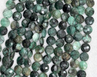 Emerald Faceted 11MM coin shape origin Zambia, coin faceted, Precious gemstone , Natural Emerald, length 10"