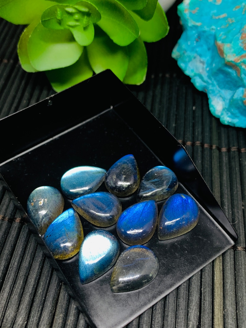 Labradorite Stone Natural Labradorite Cabs Blue Color AAA Quality Code #A17 Pack of 2 Pieces Labradorite Cabochon Pear 10x14 mm