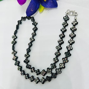 Black Mother of Pearl Flower Carving Beads • 8 mm Size • 40 cm length • Natural Black Mother of Pearl Necklace with clasp. Can Customize