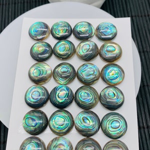 Runda Abalone-skalcabochoner - Storlek 15 mm - Förpackning med 2 st - AAAA-kvalitet - Naturliga Abalone-cabochoner