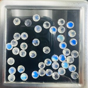 May include: A collection of round, iridescent moonstone gemstones in a clear plastic container. The stones are various sizes and have a milky white color with a blue sheen.