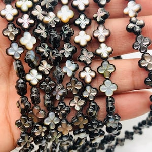 Black Mother of Pearl Flower Carving Beads • 9 mm Size • 40 cm length • AAA Quality • Natural Black Mother of Pearl