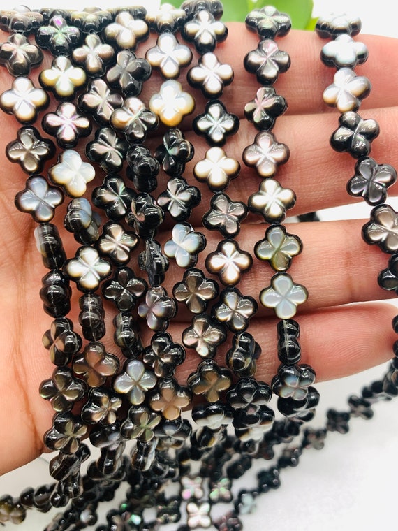 Black Mother of Pearl Flower Carving Beads • 9 Mm Size • 40 Cm