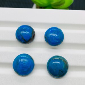 May include: Four round, polished gemstones with a vibrant blue hue and dark brown veining. The stones are arranged on a white surface, with a green plant in the background. These stones could be used for jewelry making.