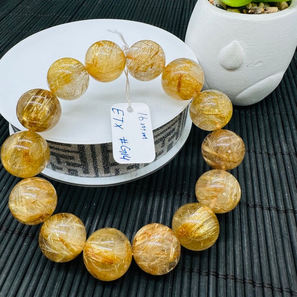 Golden Rutile Round Bracelet • 16 mm Size • Code G14 • 4A Quality • Natural Rutilated Quartz Bracelet